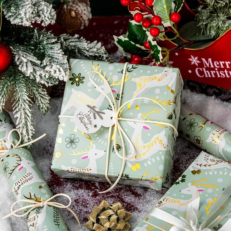 Retrify Light Green Wrapping Paper Roll - Metallic Gold Foil Lovely Happy Reindeer Mini Roll Gift Wrap Paper for Christmas Holiday Festive Decoration - 17 Inches x 32.8 Feet - Image 3